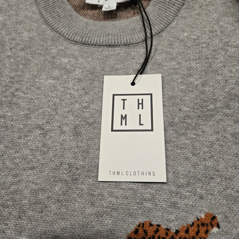 THML Sweater Womens L Gray Cheetah Intarsia Knit Crewneck Pullover Long Sleeve - Picture 3 of 7